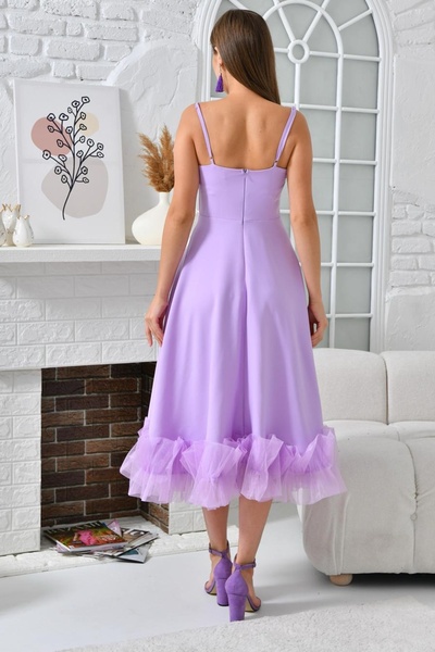 vuvutasarım Cotton Atlas Fabric Thin Strap Skirting Tulle Detailed Midi Length Lilac Evening Dress 9326