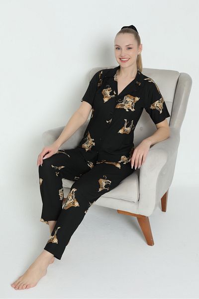 Wordex Set pijamale pentru femei Mr 1100 Pegasus, cu mânecă scurtă, cu nasturi, leopard