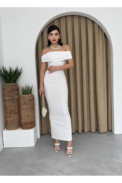 Julishop White Madonna Collar Julidress Maxi - Αμάνικο, ελαστικό και ντραπέ νυφικό και βραδινό φόρεμα εκδηλώσεων