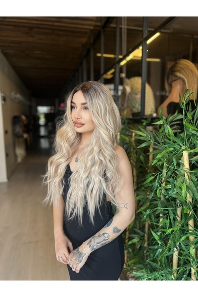 Suzan Peruk Ombreli Küllü Sarı Gerçek saç Dokusunda Fiber peruk