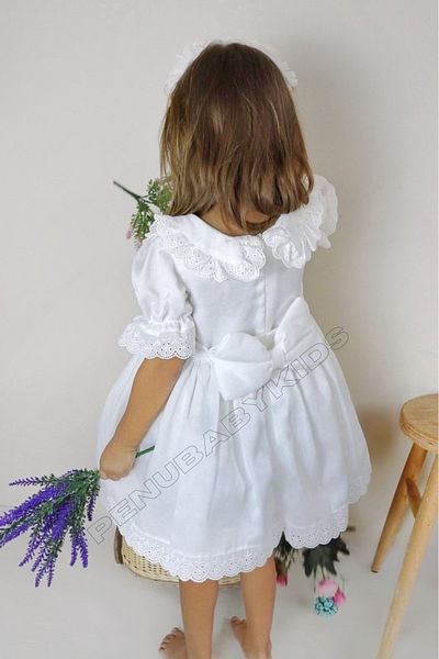 penu baby kids White to White Bow Short Sleeve Baby Girl Dress - Candy