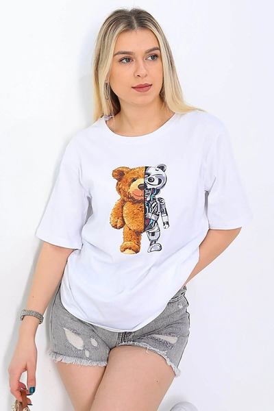 oneagılyazı تي شيرت كبير الحجم مطبوع عليه دب آلي للجنسين