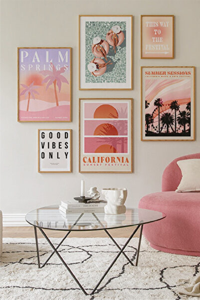 no77decor Good Vibes Palmiye Temalı Ahşap Çerçeve Görünümlü Tablo Seti