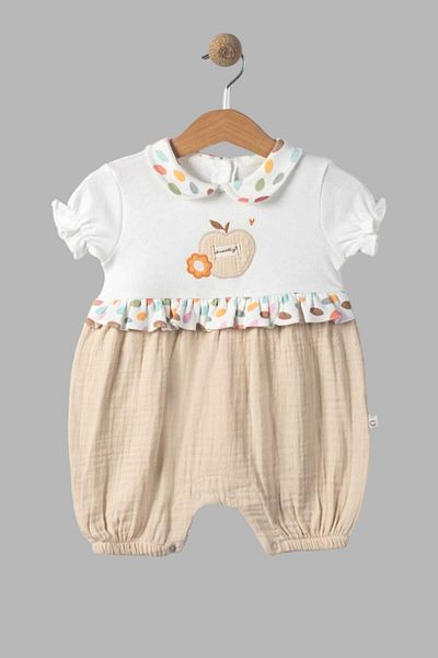 dinamik çocuk Organic Cotton Baby Collar Apple Embroidered Six Muslin Short Sleeve Baby Girl Jumpsuit 0-3/3-6/6-9/9-12 months old