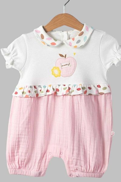 dinamik çocuk Organic Cotton Baby Collar Apple Embroidered Six Muslin Short Sleeve Baby Girl Jumpsuit 0-3/3-6/6-9/9-12 months old