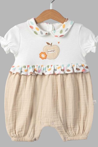 dinamik çocuk Organic Cotton Baby Collar Apple Embroidered Six Muslin Short Sleeve Baby Girl Jumpsuit 0-3/3-6/6-9/9-12 months old