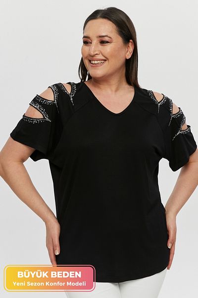 tarzımsüper Plus Size New Season Sleeves Sequin Comfort Model Short Sleeve V-Neck Stylish Combed Cotton Tunic T-Shirt