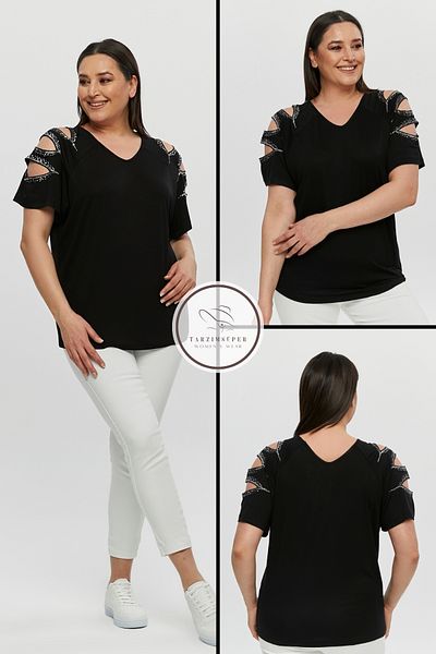 tarzımsüper Plus Size New Season Sleeves Sequin Comfort Model Short Sleeve V-Neck Stylish Combed Cotton Tunic T-Shirt