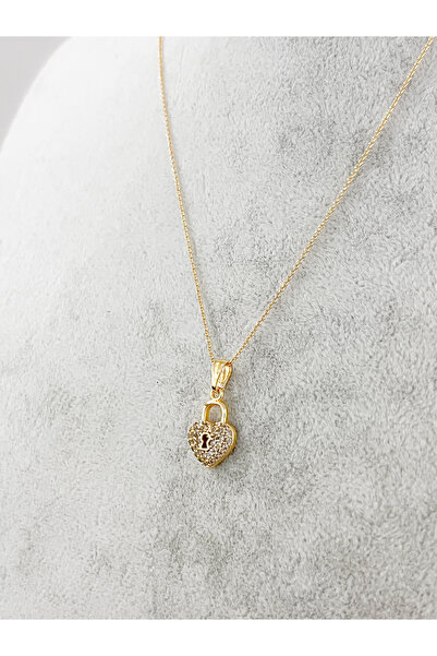 Jewelyf Minimal Kalp Anahtar Kilit Zirkon Taşlı Kolye 14 Ayar Altın Kaplama