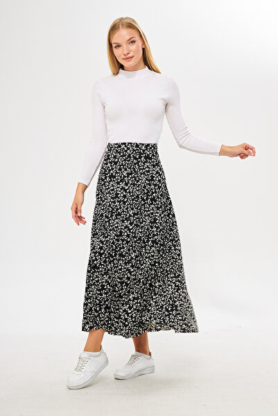 Rudaconcept Μαύρη τραγανή φούστα με μοτίβο λουλουδιών μακριά πλισέ, καλοκαιρινή φούστα με λουλούδια, φούστα κρεπ, μουσουλμανική φούστα