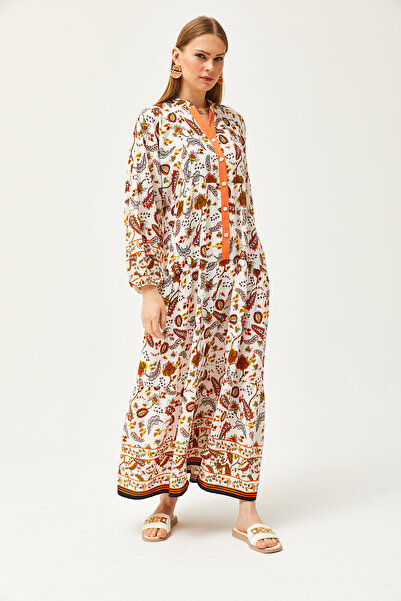 Olalook Dámský šálový oranžový límec s detailním zapínáním na maxi šaty ELB-19002057