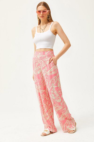 Olalook Women's Pink Pocket Front Banded Elastic Back Woven Trousers PNT-19000268