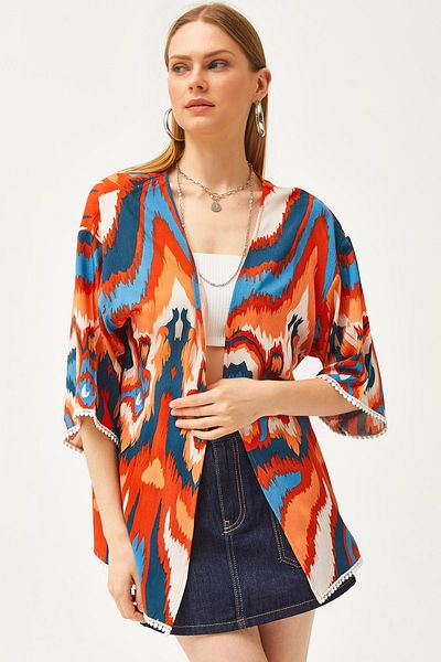 Olalook Dámská oranžová modrá dlaň Guipure podrobné viskózové kimono CKT-19000080