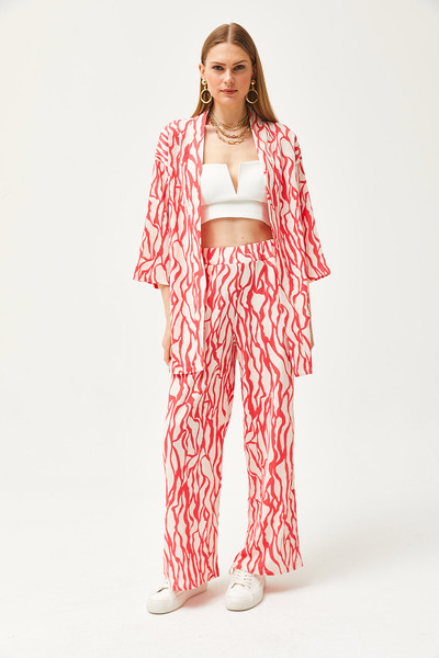 Olalook Women's Fuchsia Top Kimono Bottom Pocket Trousers Set TKM-19000276