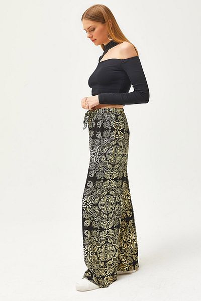 Olalook Schwarze Palazzo-Hose aus Leinen-Viskose mit Schalkragen für Damen - PNT-19000269