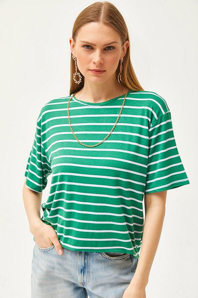 Olalook Grasgrün gestreiftes Freizeit-T-Shirt für Damen TSH-19000283