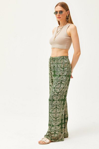 Olalook Khakifarbene Palazzo-Hose aus Leinen-Viskose mit Schalkragen für Damen PNT-19000269