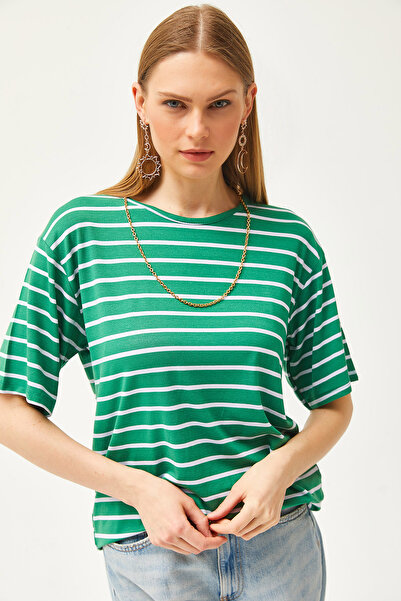 Olalook Γυναικείο μπλουζάκι casual με πράσινο ριγέ γρασίδι TSH-19000283