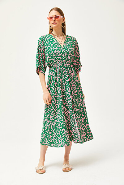 Olalook Kadın Pembe Yeşil Kruvaze Yaka Yarasa Beli Lastikli Dokuma Elbise ELB-19002084