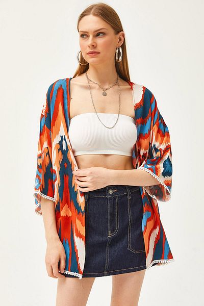 Olalook Dámská oranžová modrá dlaň Guipure podrobné viskózové kimono CKT-19000080