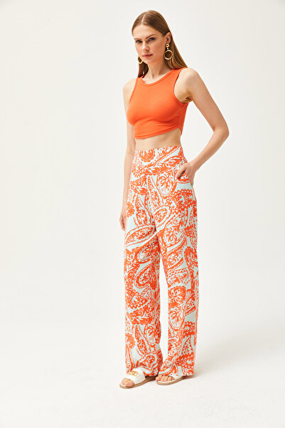 Olalook Women's Orange Pocket Front Banded Elastic Back Woven Trousers PNT-19000268