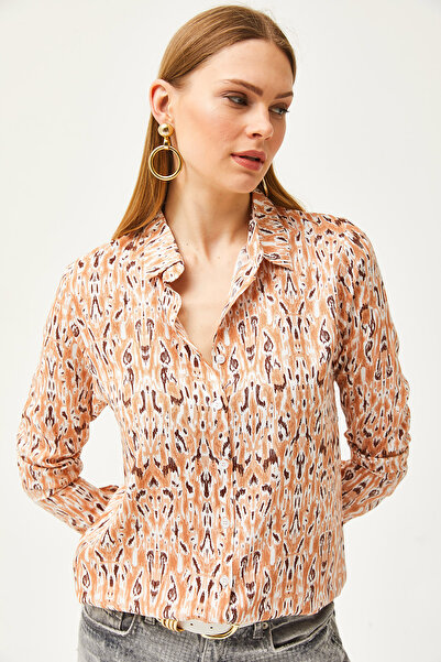 Olalook Kadın Tarçın Desenli Dokuma Viskon Gömlek GML-19001190