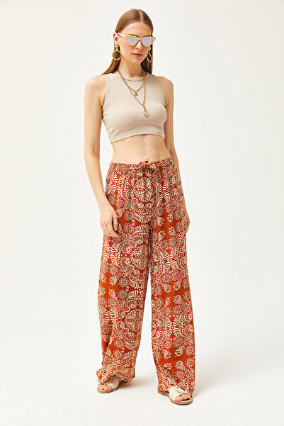 Olalook Kadın Tarçın Şal Desenli Keten Viskon Palazzo Pantolon PNT-19000269