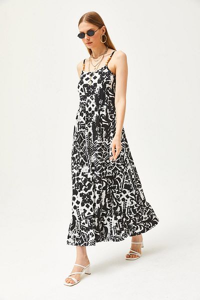 Olalook Geometrisches schwarzes Midikleid für Damen mit Holzaccessoires und elastischer Taille ELB-19002101
