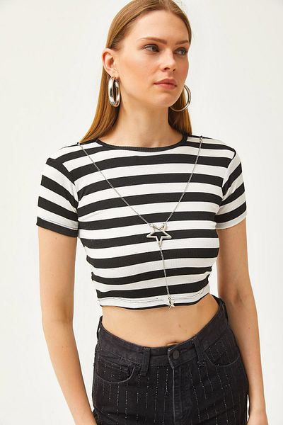Olalook Tricou crop cu dungi alb-negru pentru femei TSH-19000797