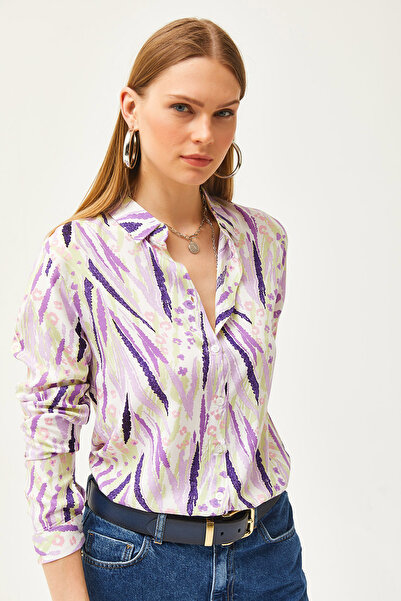 Olalook Kadın Mor Lila Yaprak Desenli Dokuma Viskon Gömlek GML-19001188