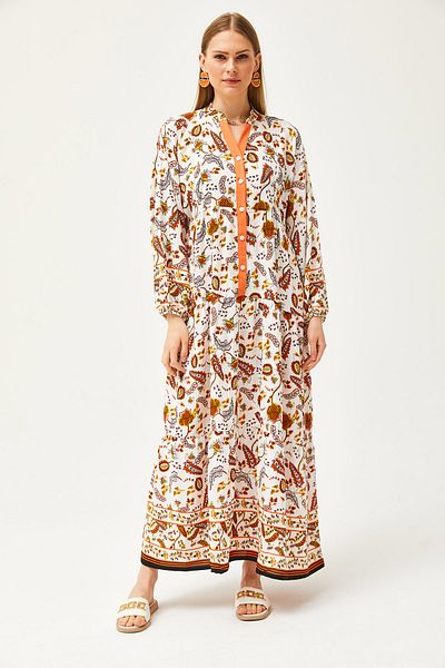 Olalook Damen Schalkragen Orange Detailliert Geknöpft Lockeres Maxikleid ELB-19002057