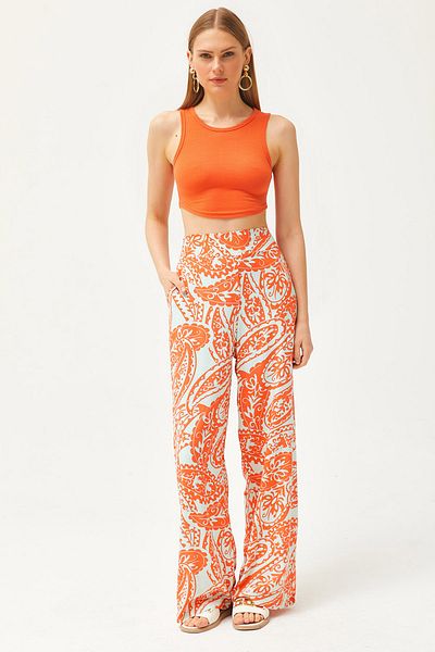 Olalook Women's Orange Pocket Front Banded Elastic Back Woven Trousers PNT-19000268