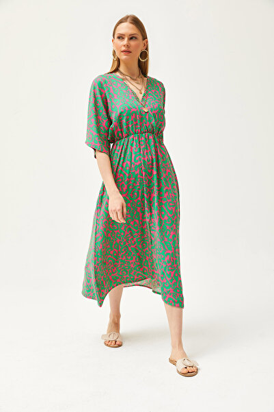 Olalook Kadın Çimen Yeşili Kruvaze Yaka Yarasa Beli Lastikli Dokuma Elbise ELB-19002084