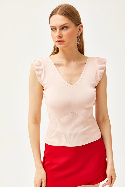 Olalook Γυναικεία πούδρα ώμου και φούστα με λεπτομέρειες εμπρός πίσω V πλεκτά μπλούζα BLZ-19002207