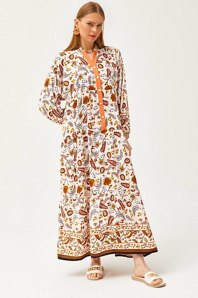 Olalook Damen Schalkragen Orange Detailliert Geknöpft Lockeres Maxikleid ELB-19002057
