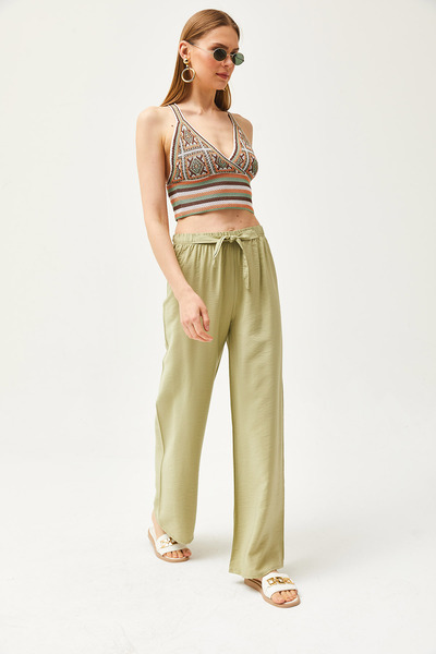 Olalook Світлі брюки палаццо хакі з еластичною талією PNT19000200