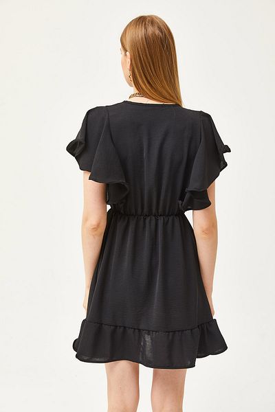 Olalook Schwarzes, zweireihiges, drapiertes Minikleid mit Kragen und Ärmeln für Damen ELB-19002079