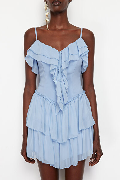 Trendyol Collection Světle modré šifonové krátké šaty – střih do A, volánky, tkané TPRSS24EL00048