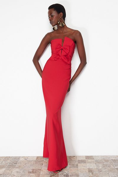 Trendyol Collection Red Bow Detail Woven Long Stylish Evening Dress Tprss24Ae00073