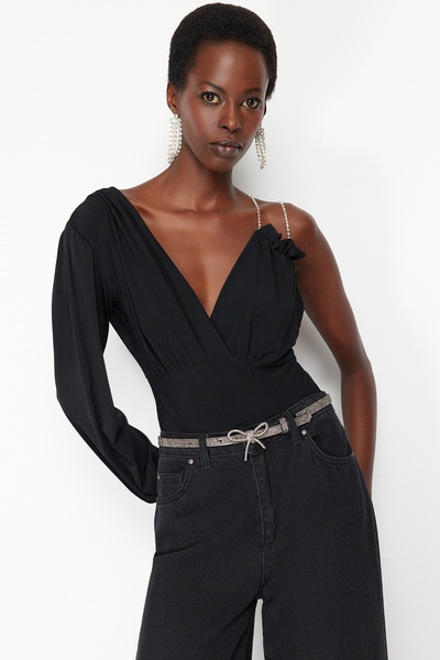 Trendyol Collection Black Double Breasted Knitted Body with Shiny Stone Detail - TPRSS24BD00015