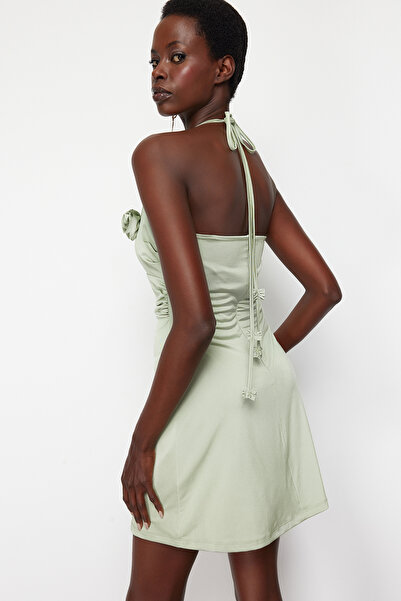 Trendyol Collection Light Green A-Line Flower Detail Knitted Short Stylish Evening Dress Night Graduation Dress Tprss24El00107