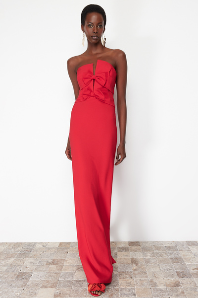 Trendyol Collection Piros masni részlet szőtt hosszú elegáns estélyi ruha TPRSS24AE00073