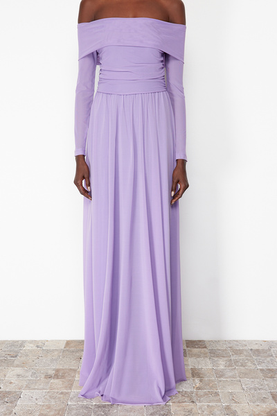 Trendyol Collection Tylové večerní šaty s límcem Carmen ve střihu A – TPRSS24AE00068