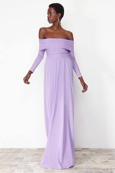Trendyol Collection Tylové večerní šaty s límcem Carmen ve střihu A – TPRSS24AE00068