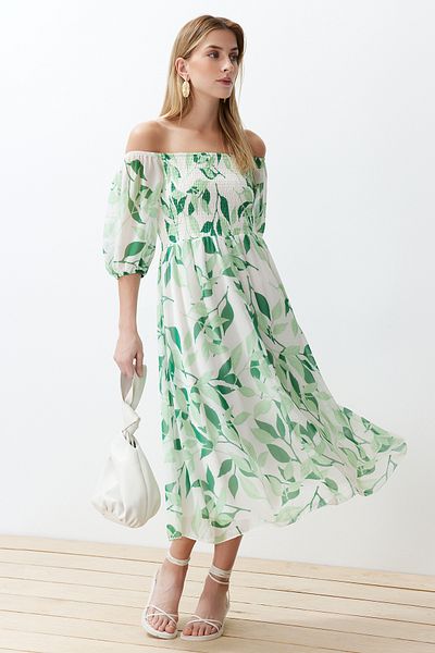 Trendyol Collection Green Floral Skater Chiffon Maxi Woven Dress TWOSS24EL00840