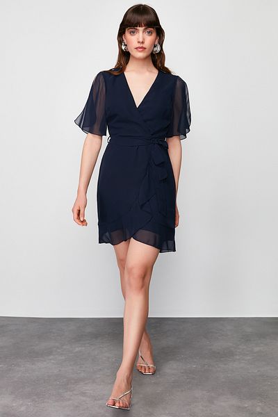 Trendyol Collection Sötétkék duplasoros szoknya, fodros részletes sifon bélésű mini szőtt ruha TWOSS24EL00742