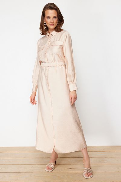Trendyol Modest Μπεζ ελαστική μέση με τσέπη με λεπτομέρεια υφασμένο φόρεμα TCTSS22EB0034