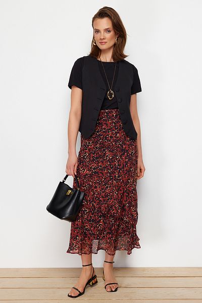 Trendyol Modest Gefütterter gewebter Rock mit Fliesen-Tiermuster TCTAW24EE00020
