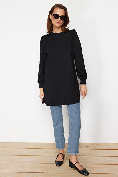 Trendyol Modest Black Sleeve Detailed Knitted Crew Neck Slit Tunic TCTSS21TN0257