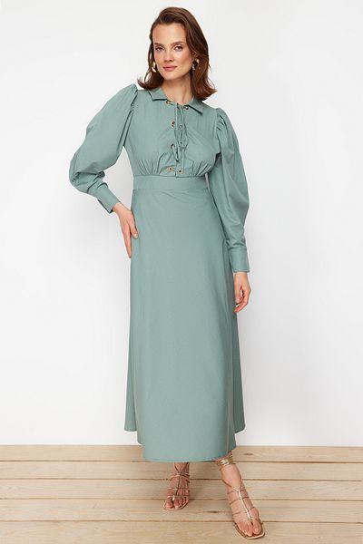 Trendyol Modest Хакі Kus Gozu Детальна сукня з бавовняного полотна TCTSS24EB00012